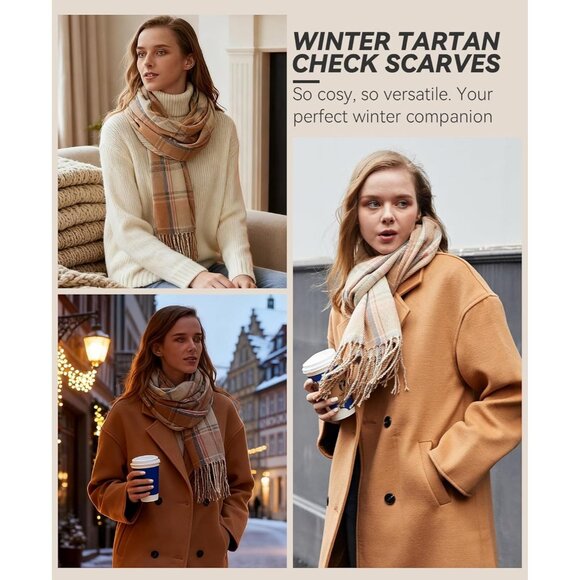 Women Beige Check Winter Warm Shawl Wraps Tartan Blanket Oversized Scarves - Picture 3 of 6